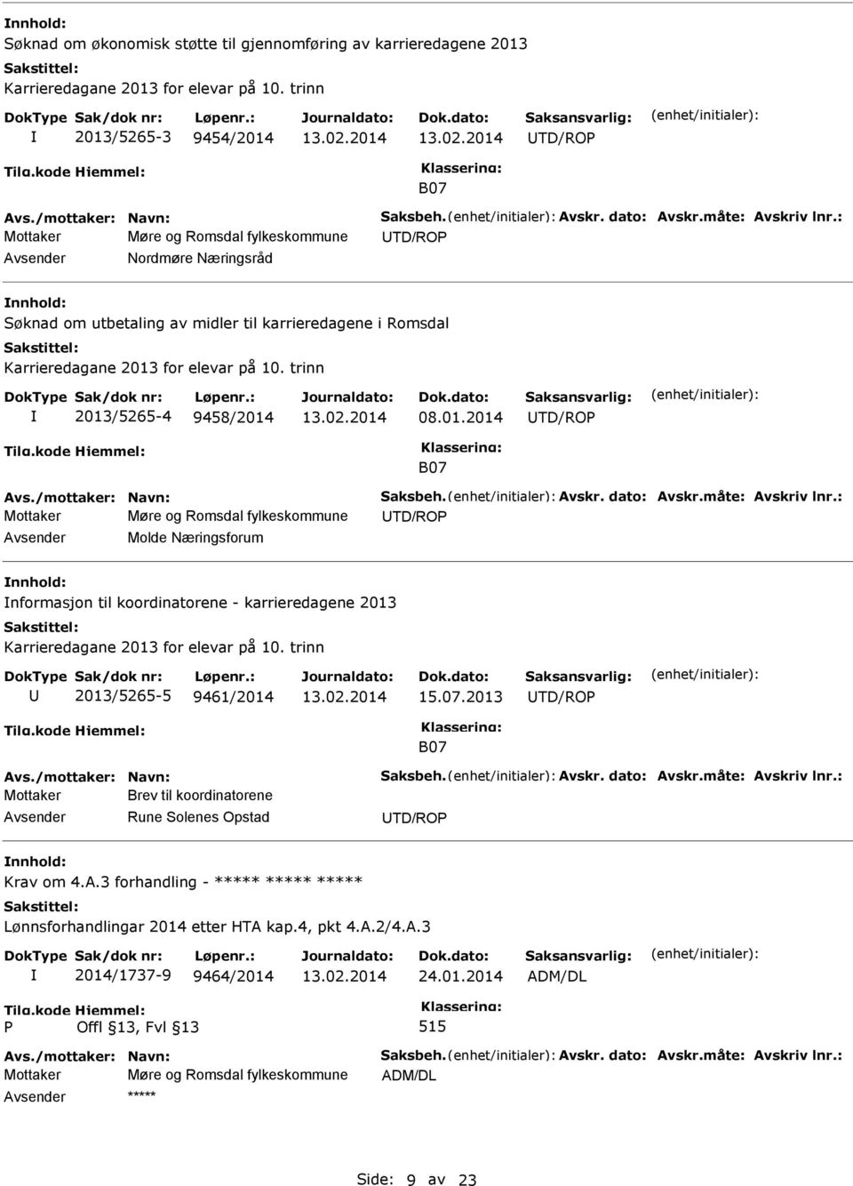 trinn 2013/5265-4 9458/2014 08.01.2014 TD/ROP B07 Avs./mottaker: Navn: Saksbeh. Avskr. dato: Avskr.måte: Avskriv lnr.