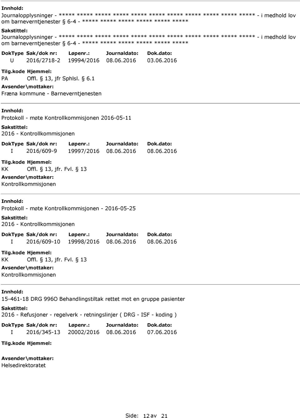 13 Kontrollkommisjonen nnhold: rotokoll - møte Kontrollkommisjonen - 2016-05-25 2016 - Kontrollkommisjonen 2016/609-10 19998/2016 KK Offl. 13, jfr. Fvl.