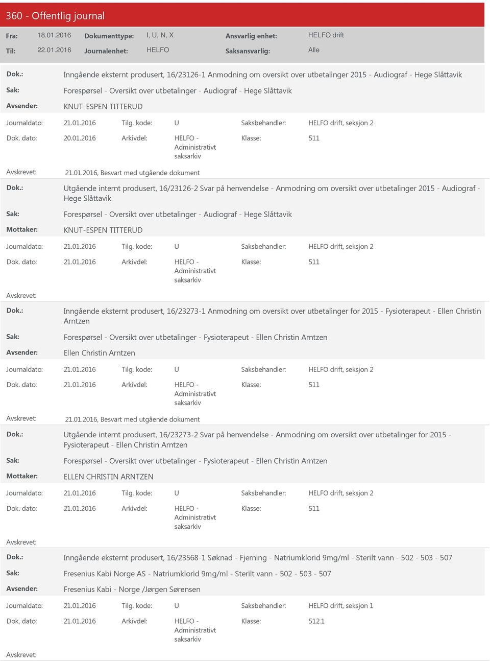 2016-21.01.2016, Besvart med utgående dokument tgående internt produsert, 16/23126-2 Svar på henvendelse - Anmodning om oversikt over utbetalinger 2015 - Audiograf - Hege Slåttavik Forespørsel -