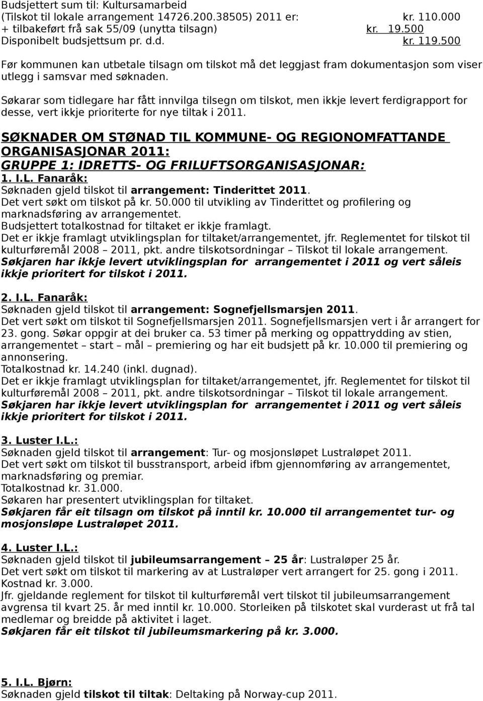 Søkarar som tidlegare har fått innvilga tilsegn om tilskot, men ikkje levert ferdigrapport for desse, vert ikkje prioriterte for nye tiltak i 2011.