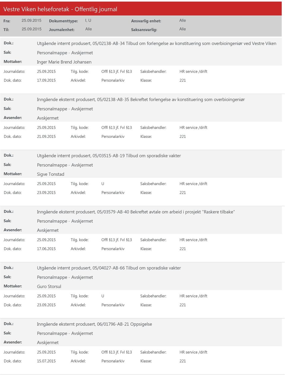 2015 Arkivdel: Personalarkiv tgående internt produsert, 05/03515-AB-19 Tilbud om sporadiske vakter Personalmappe - Sigve Tonstad Dok. dato: 23.09.