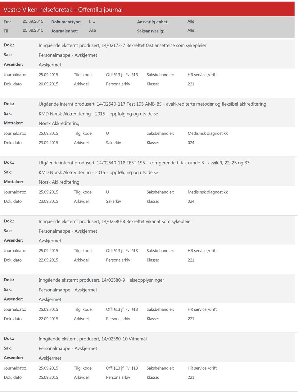 Akkreditering Medisinsk diagnostikk 024 tgående internt produsert, 14/02540-118 TEST 195 - korrigerende tiltak runde 3 - avvik 9, 22, 25 og 33 KMD Norsk Akkreditering - 2015 - oppfølging og utvidelse