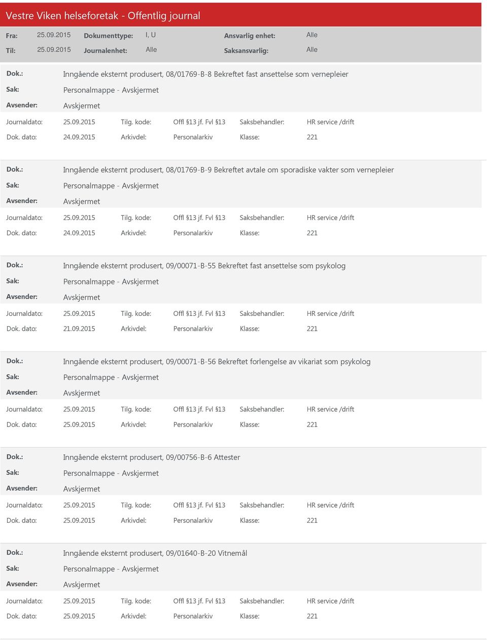 2015 Arkivdel: Personalarkiv Inngående eksternt produsert, 09/