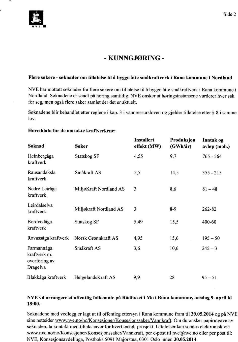 3 i vannressursloven og gjelder tillatelse etter 8 i samme lov. Hoveddata for de omsøkte ene: Installert Produksjon Inntak og Søknad Søker effekt (MW) (GWh/år) avløp (moh.