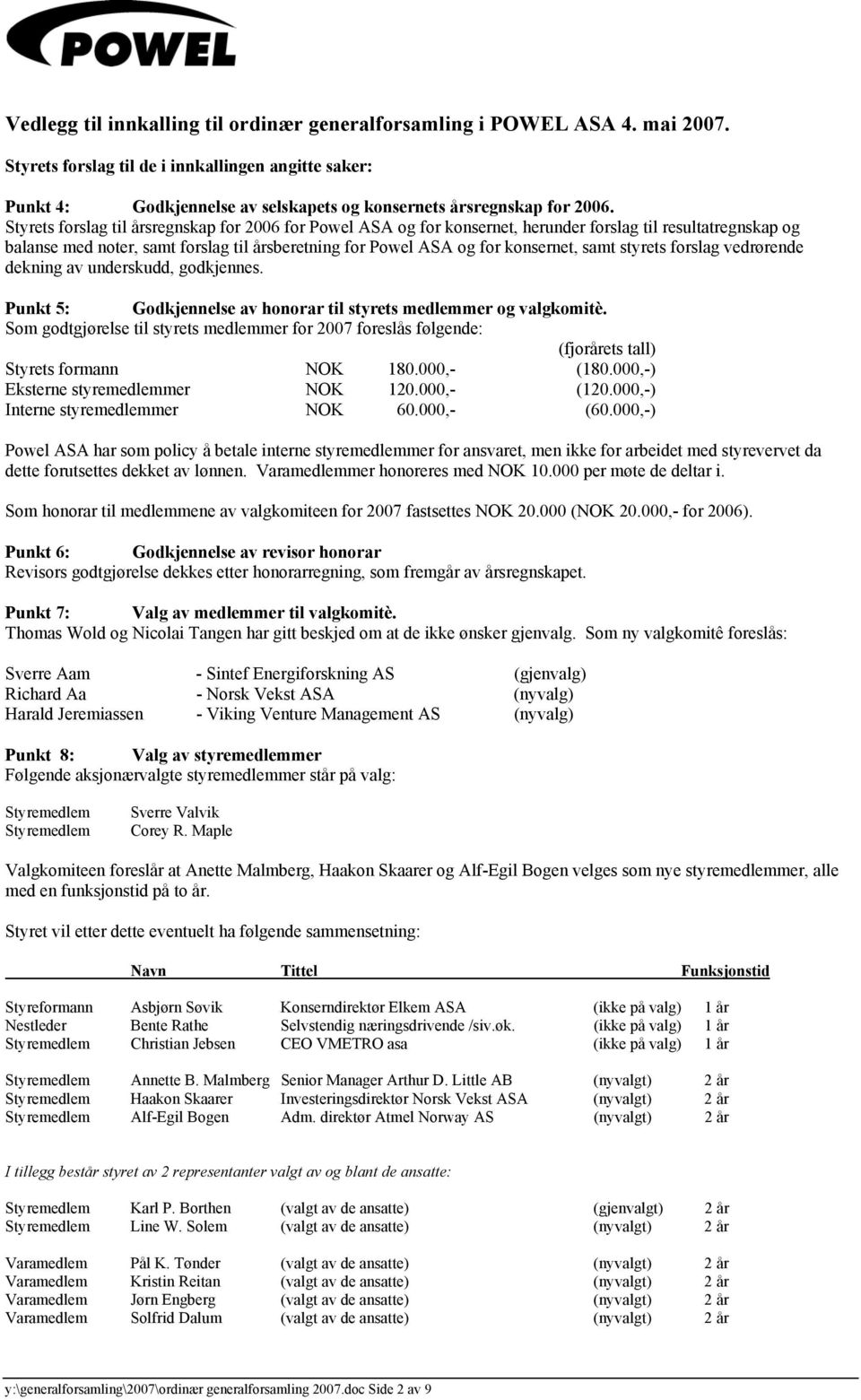 Styrets forslag til årsregnskap for 2006 for Powel ASA og for konsernet, herunder forslag til resultatregnskap og balanse med noter, samt forslag til årsberetning for Powel ASA og for konsernet, samt