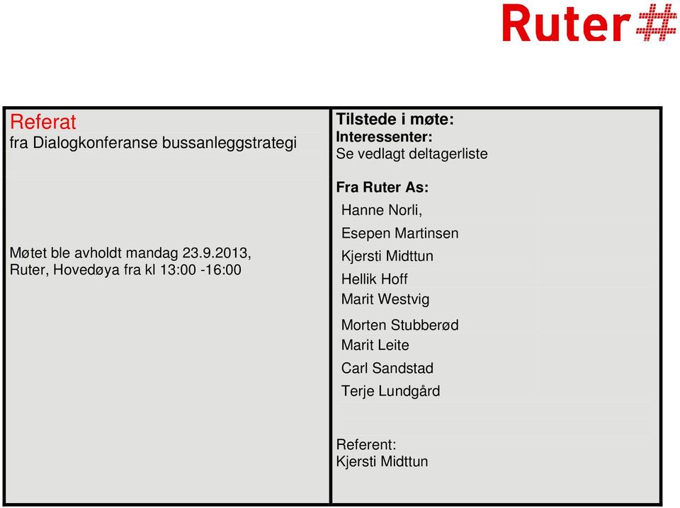 deltagerliste Fra Ruter As: Hanne Norli, Esepen Martinsen Kjersti Midttun Hellik Hoff