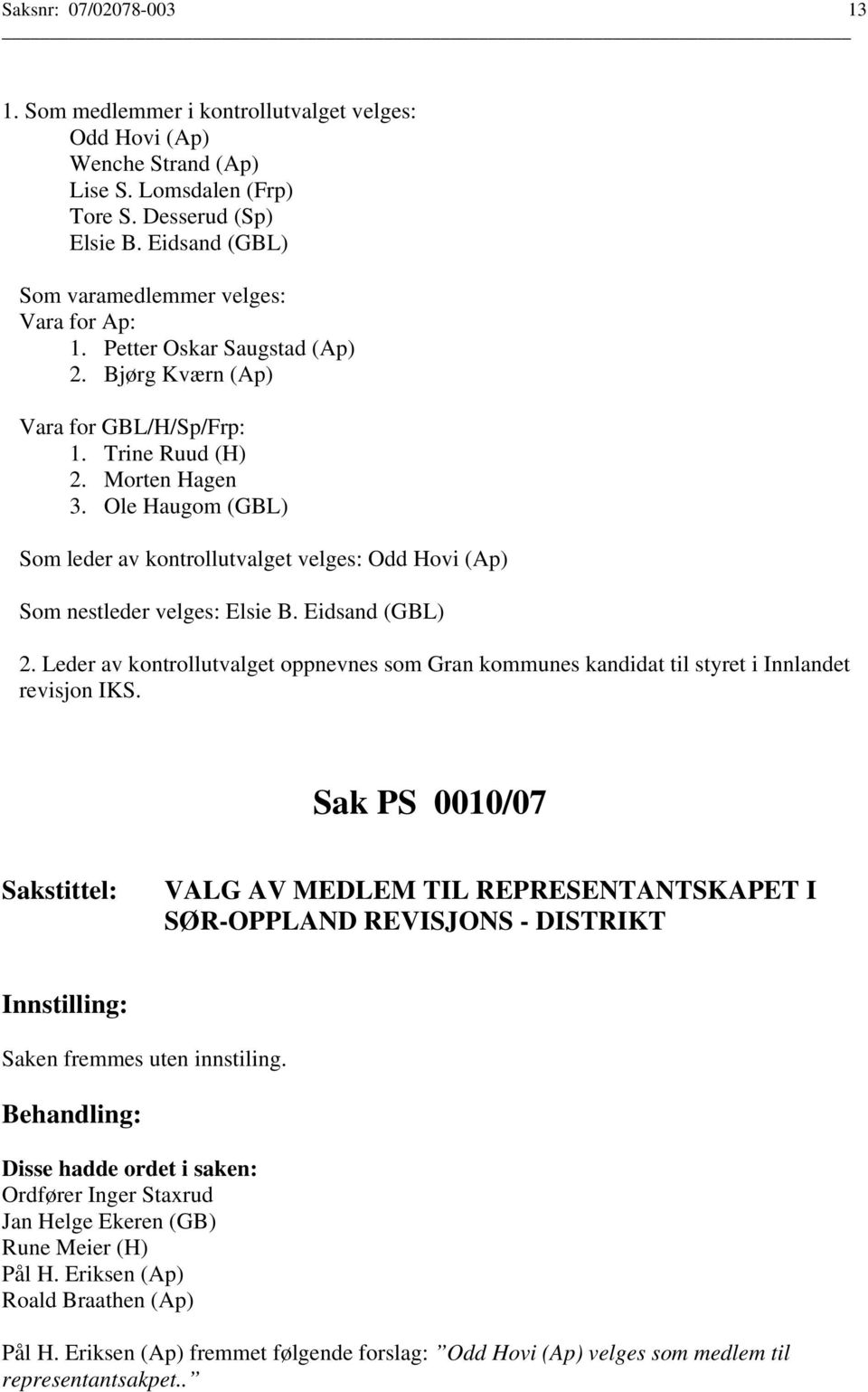 Ole Haugom (GBL) Som leder av kontrollutvalget velges: Odd Hovi (Ap) Som nestleder velges: Elsie B. Eidsand (GBL) 2.