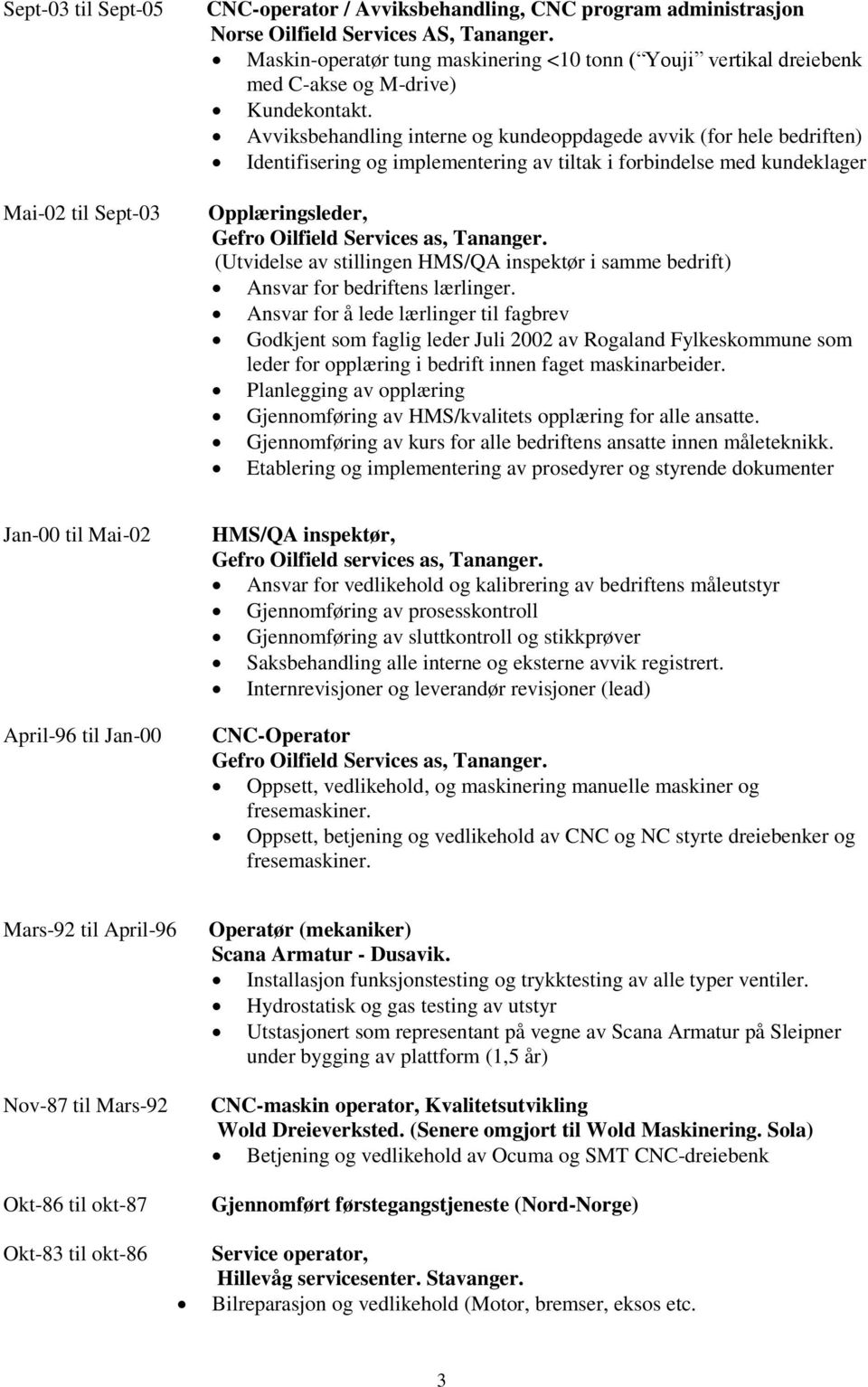 Avviksbehandling interne og kundeoppdagede avvik (for hele bedriften) Identifisering og implementering av tiltak i forbindelse med kundeklager Opplæringsleder, Gefro Oilfield Services as, Tananger.