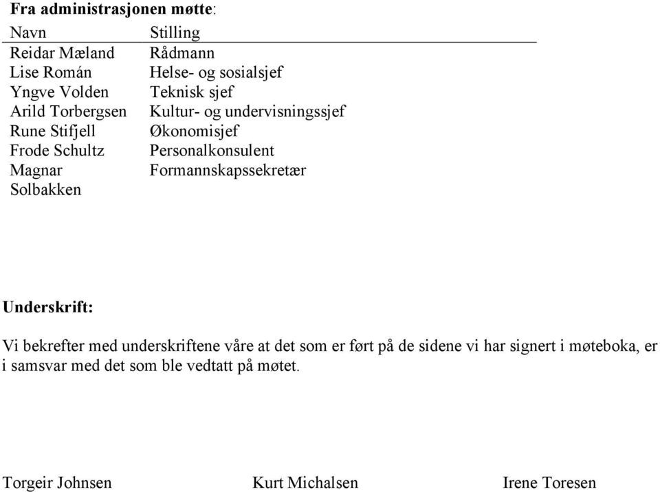 Personalkonsulent Magnar Formannskapssekretær Solbakken Underskrift: Vi bekrefter med underskriftene våre at det