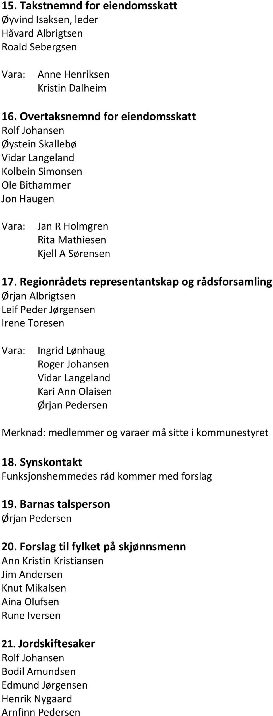 Regionrådets representantskap og rådsforsamling Ørjan Albrigtsen Leif Peder Jørgensen Irene Toresen Vara: Ingrid Lønhaug Roger Johansen Vidar Langeland Kari Ann Olaisen Ørjan Pedersen Merknad: