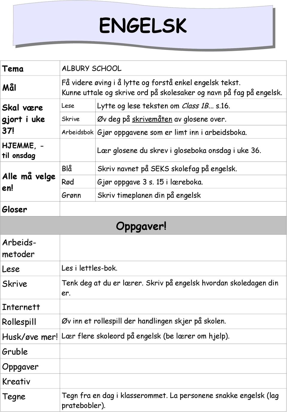 Alle må velge en! Gloser Lese Internett Rollespill Blå Rød Grønn Les i lettles-bok. Skriv navnet på SEKS skolefag på engelsk. Gjør oppgave 3 s. 15 i læreboka. Skriv timeplanen din på engelsk Oppgaver!