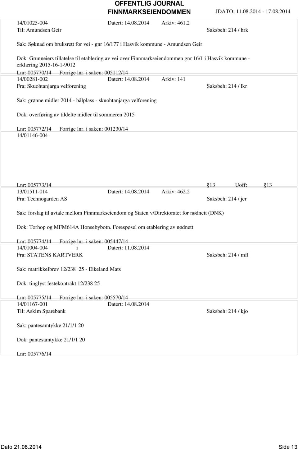 16/1 i Hasvik kommune - erklæring 2015-16-1-9012 Lnr: 005770/14 Forrige lnr. i saken: 005112/14 14/00281-002 Datert: 14.08.