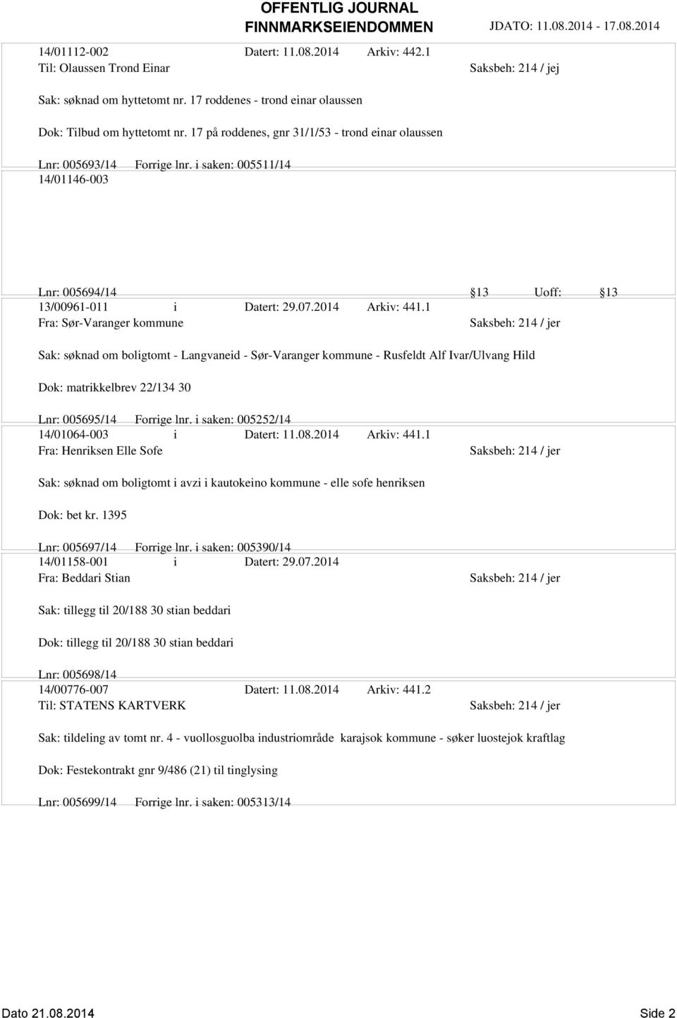 1 Fra: Sør-Varanger kommune Sak: søknad om boligtomt - Langvaneid - Sør-Varanger kommune - Rusfeldt Alf Ivar/Ulvang Hild Dok: matrikkelbrev 22/134 30 Lnr: 005695/14 Forrige lnr.