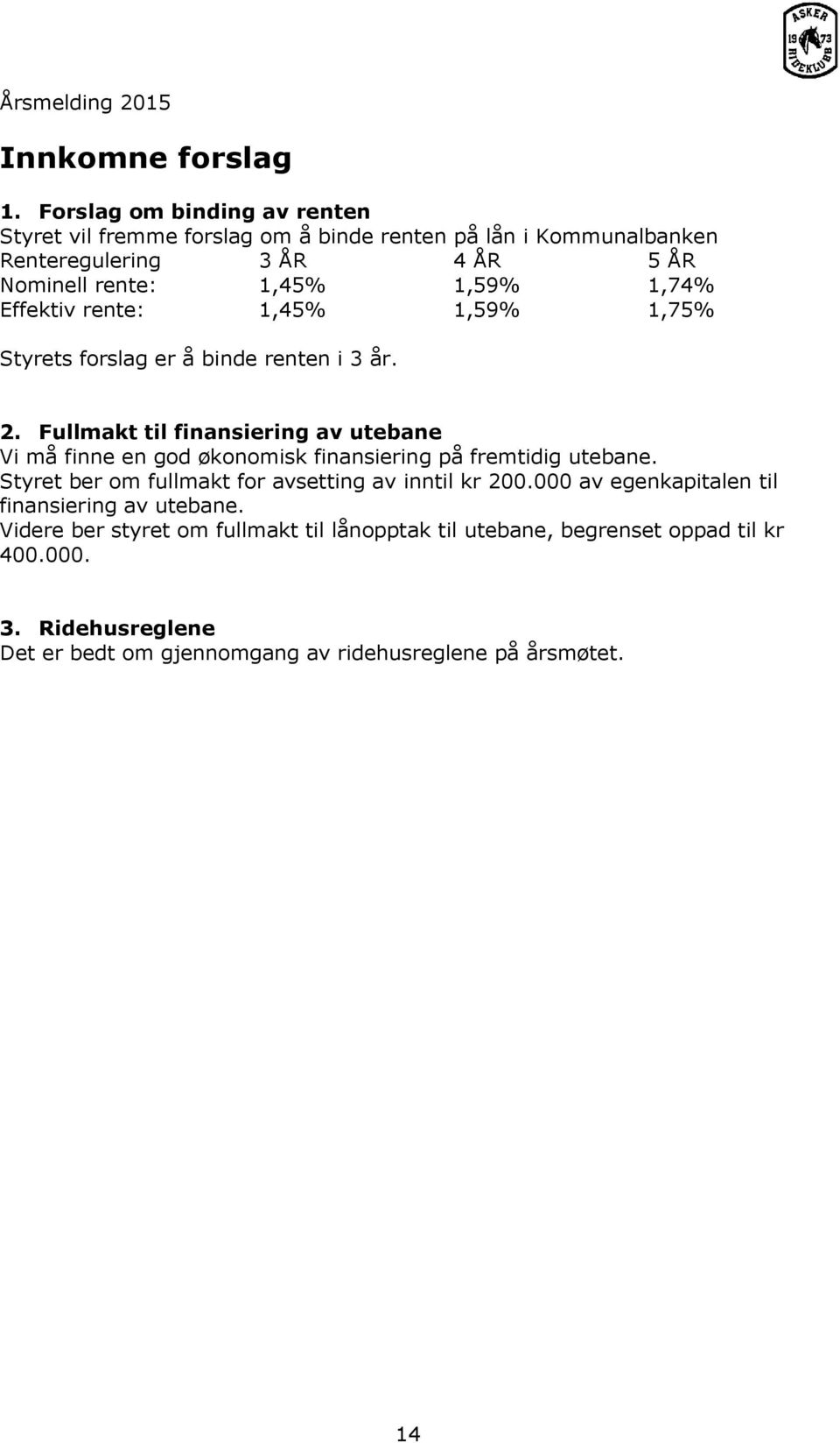 1,74% Effektiv rente: 1,45% 1,59% 1,75% Styrets forslag er å binde renten i 3 år. 2.