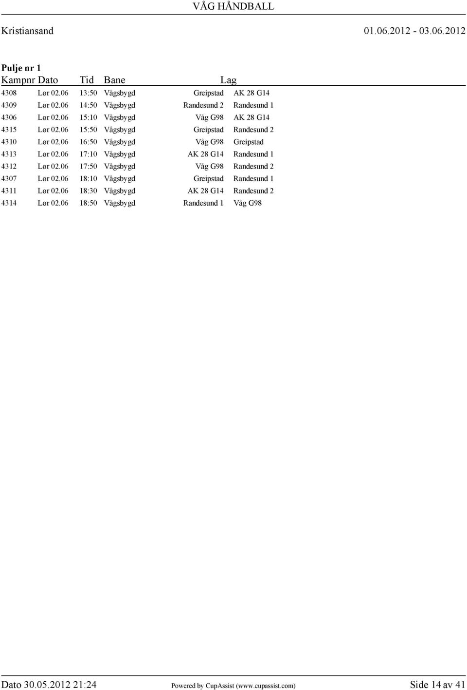 06 16:50 Vågsbygd Våg G98 Greipstad 4313 Lør 02.06 17:10 Vågsbygd AK 28 G14 Randesund 1 4312 Lør 02.