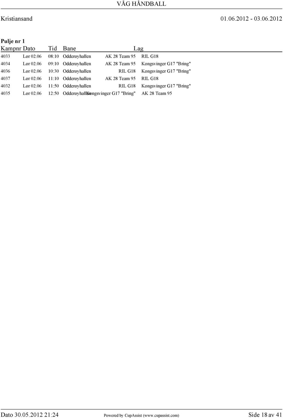 06 10:30 Odderøyhallen RIL G18 Kongsvinger G17 "Bring" 4037 Lør 02.