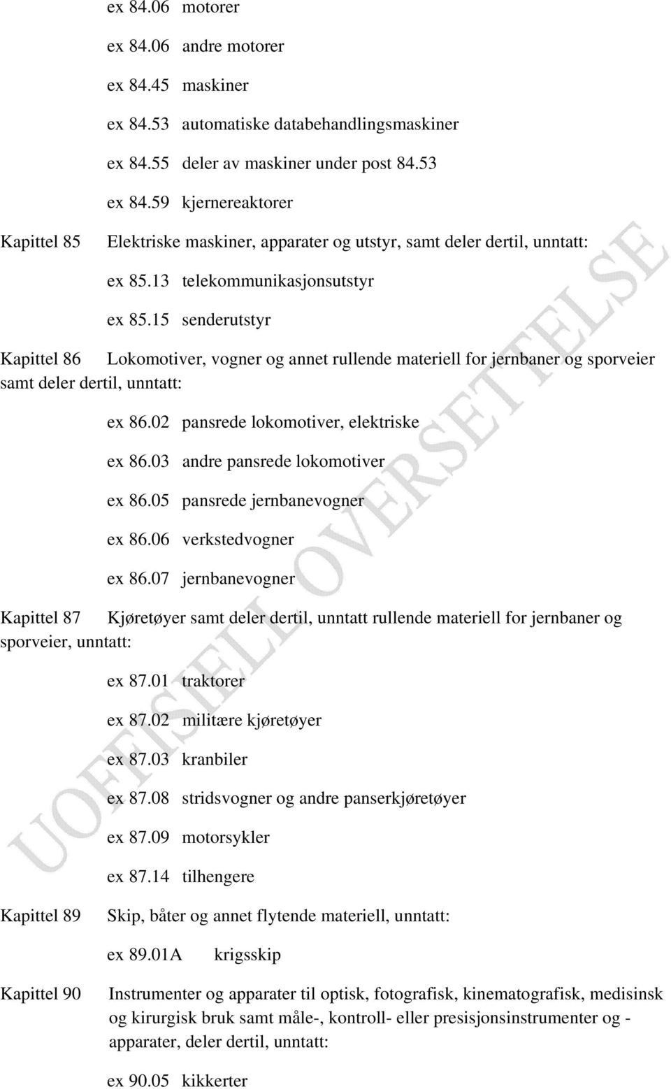 15 senderutstyr Kapittel 86 Lokomotiver, vogner og annet rullende materiell for jernbaner og sporveier samt deler dertil, unntatt: ex 86.02 pansrede lokomotiver, elektriske ex 86.