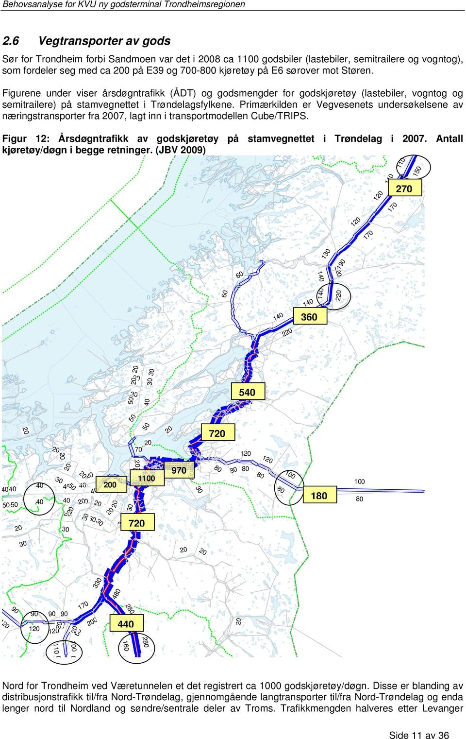 Figurene under viser årsdøgntrafikk (ÅDT) g gdsmengder fr gdskjøretøy (lastebiler, vgntg g semitrailere) på stamvegnettet i Trøndelagsfylkene.