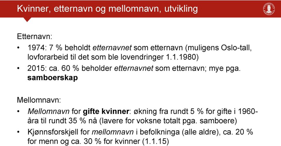 samboerskap Mellomnavn: Mellomnavn for gifte kvinner: økning fra rundt 5 % for gifte i 1960- åra til rundt 35 % nå (lavere