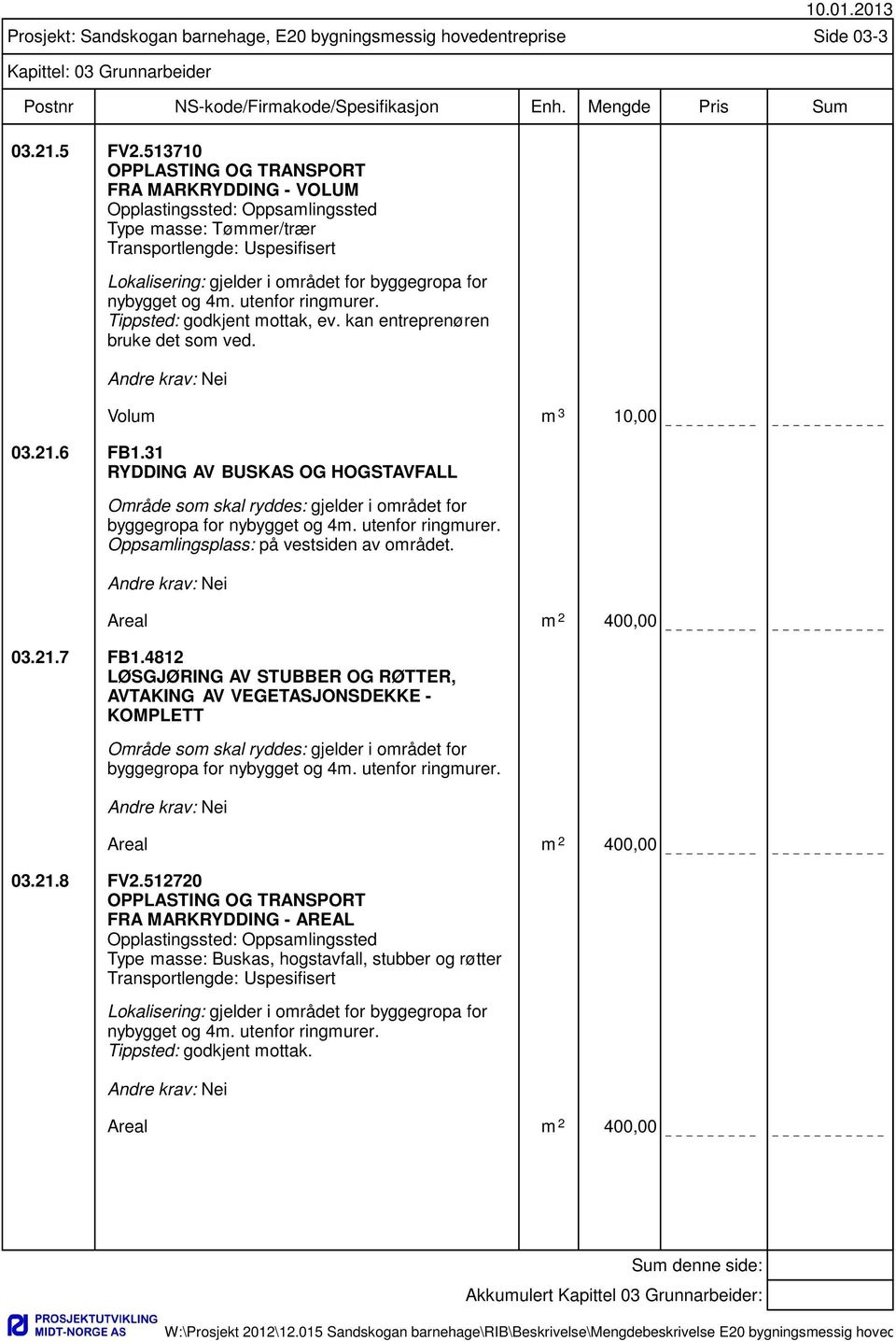 nybygget og 4m. utenfor ringmurer. Tippsted: godkjent mottak, ev. kan entreprenøren bruke det som ved. Volum m 3 10,00 03.21.6 FB1.