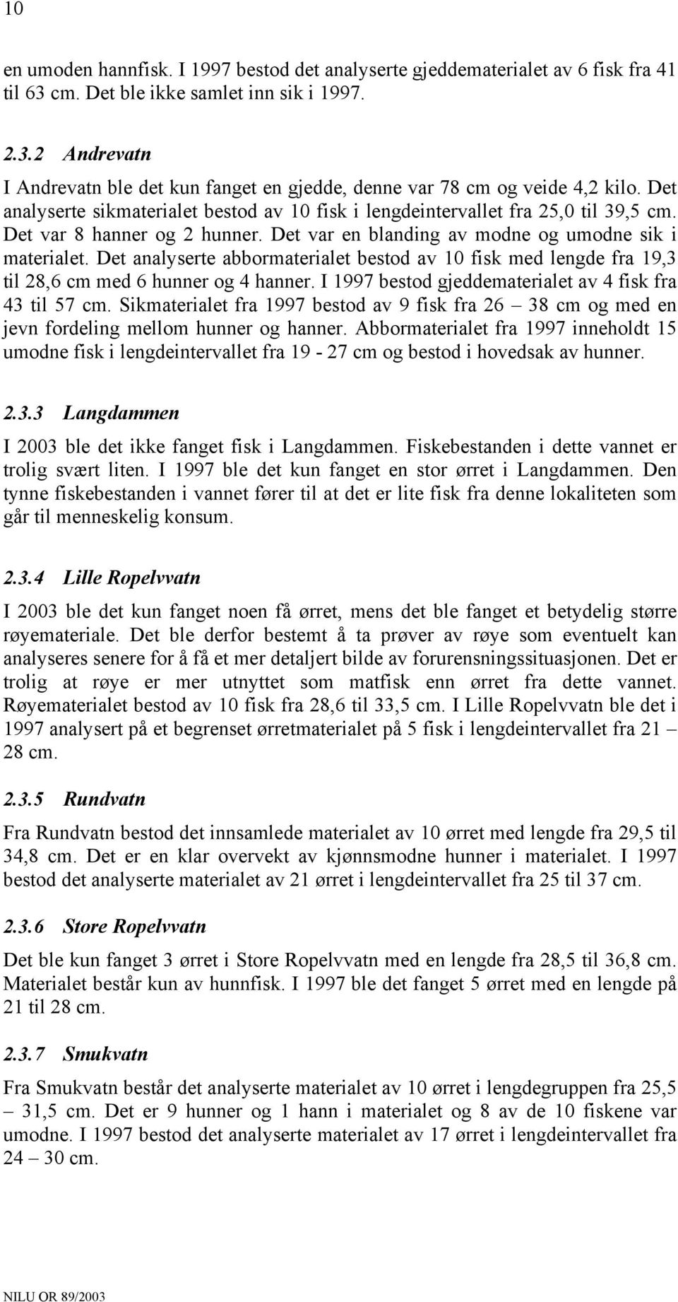 Det analyserte abbormaterialet bestod av 10 fisk med lengde fra 19,3 til 28,6 cm med 6 hunner og 4 hanner. I 1997 bestod gjeddematerialet av 4 fisk fra 43 til 57 cm.