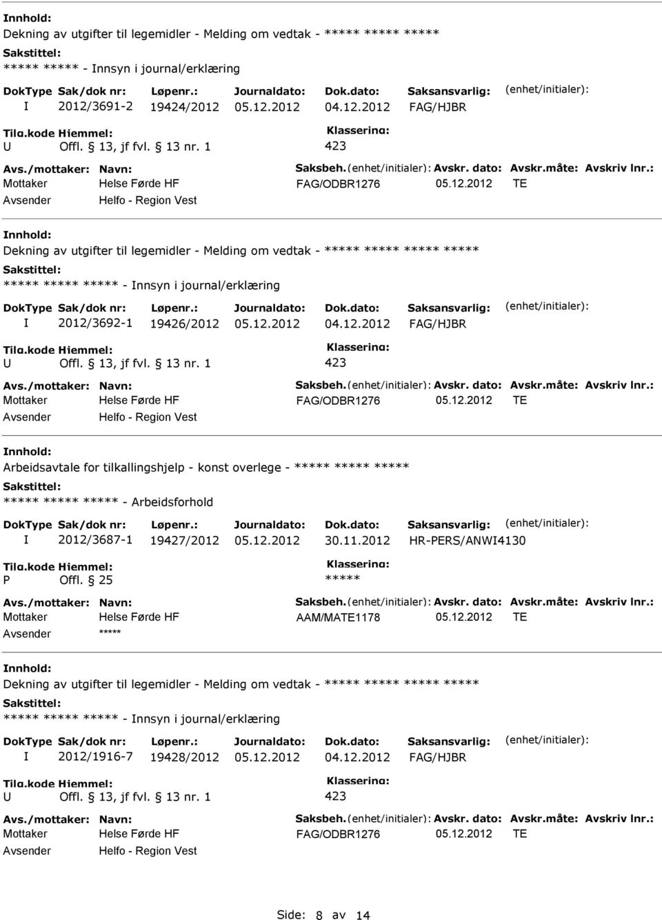 nnhold: Arbeidsavtale for tilkallingshjelp - konst overlege - - Arbeidsforhold 2012/3687-1 19427/2012 30.11.