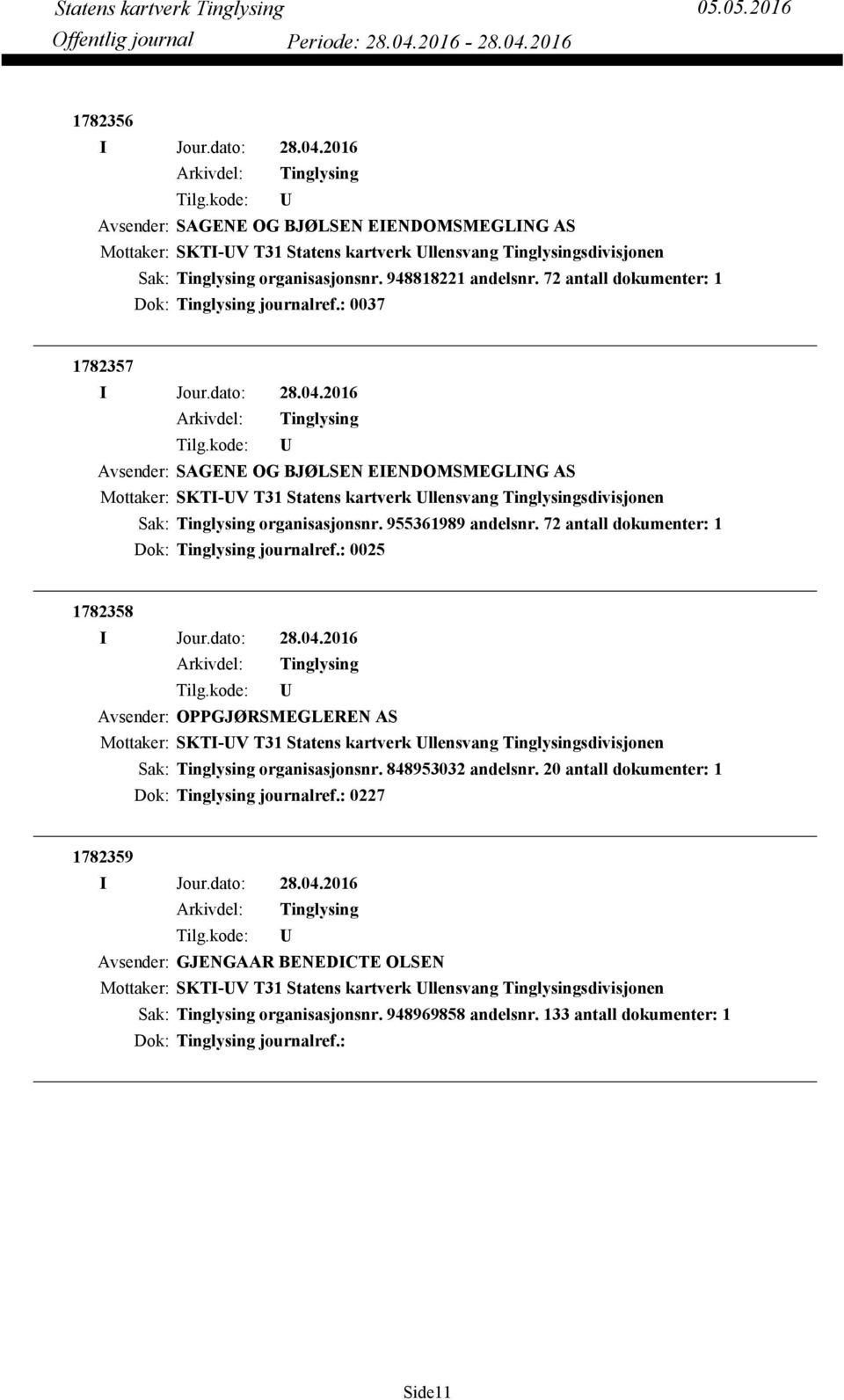 72 antall dokumenter: 1 Dok: journalref.: 0025 1782358 Avsender: OPPGJØRSMEGLEREN AS Mottaker: SKTI-V T31 Statens kartverk llensvang sdivisjonen organisasjonsnr. 848953032 andelsnr.