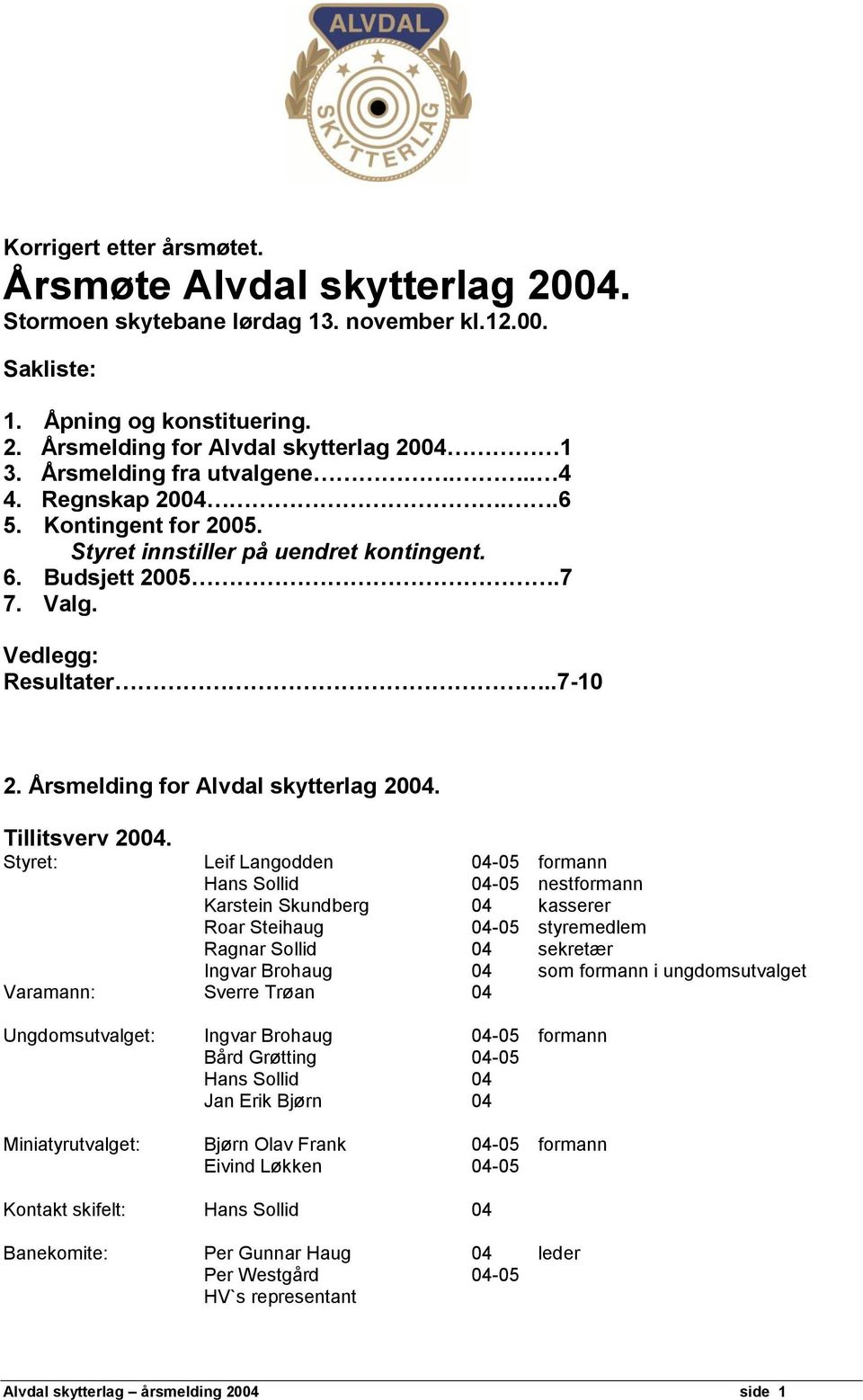 Årsmelding for Alvdal skytterlag 2004. Tillitsverv 2004.