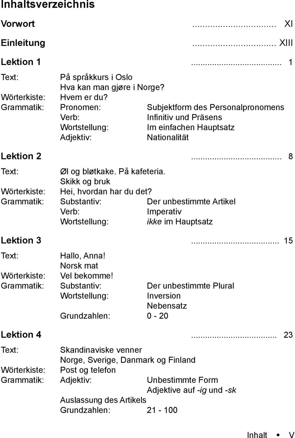 Skikk og bruk Wörterkiste: Hei, hvordan har du det? Grammatik: Der unbestimmte Artikel Imperativ Wortstellung: ikke im Hauptsatz Lektion 3... 15 Text: Hallo, Anna! Norsk mat Wörterkiste: Vel bekomme!