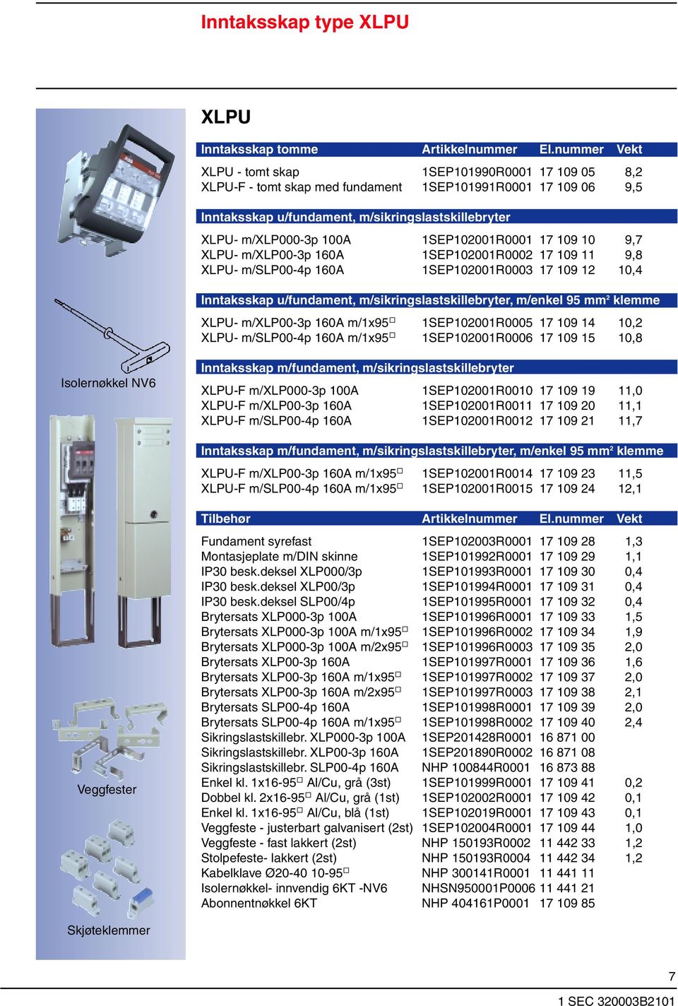 1SEP102001R0001 17 109 10 9,7 XLPU- m/xlp00-3p 160A 1SEP102001R0002 17 109 11 9,8 XLPU- m/slp00-4p 160A 1SEP102001R0003 17 109 12 10,4 Inntaksskap u/ fun Inntaksskap u/fundament,