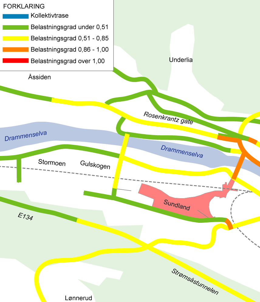 Sundland Trafikkanalyse Side 35 Figur 23 : Beregnet døgntrafikk (ÅDT) med dagens arealbruk og dagens vegnett (jfr.