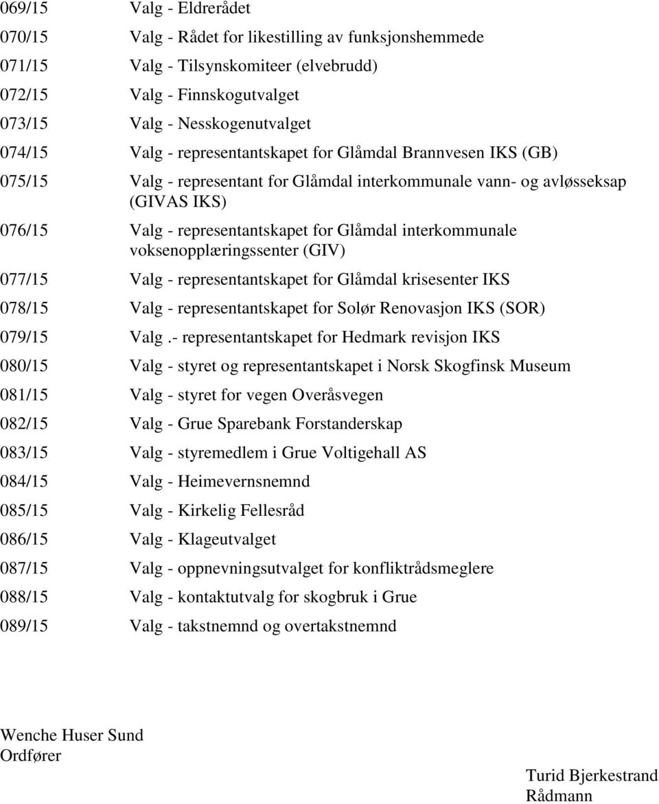 voksenopplæringssenter (GIV) 077/15 Valg - representantskapet for Glåmdal krisesenter IKS 078/15 Valg - representantskapet for Solør Renovasjon IKS (SOR) 079/15 Valg.