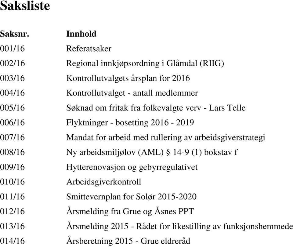 005/16 Søknad om fritak fra folkevalgte verv - Lars Telle 006/16 Flyktninger - bosetting 2016-2019 007/16 Mandat for arbeid med rullering av arbeidsgiverstrategi