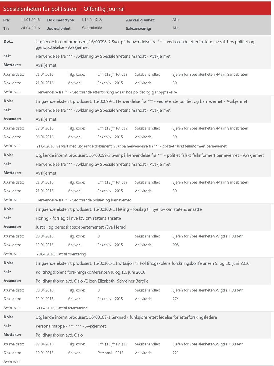 2016 Arkivdel: Sakarkiv - 2015 Arkivkode: 30 Henvendelse fra *** - vedrørende etterforsking av sak hos politiet og gjenopptakelse Inngående eksternt produsert, 16/00099-1 Henvendelse fra *** -