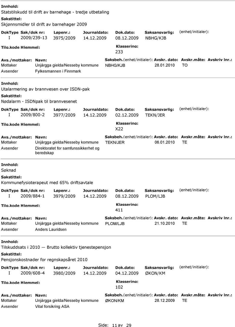 2010 TO Avsender Fylkesmannen i Finnmark nnhold: Utalarmering av brannvesen over SDN-pak Nødalarm - SDNpak til brannvesenet 2009/800-2 3977/2009 02.12.2009 TEKN/JER X22 Avs./mottaker: Navn: Saksbeh.