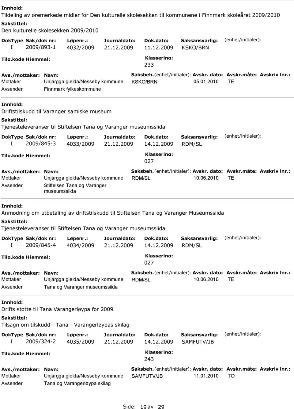 2010 TE Avsender Finnmark fylkeskommune nnhold: Driftstilskudd til Varanger samiske museum Tjenesteleveranser til Stiftelsen Tana og Varanger museumssiida 2009/845-3 4033/2009 RDM/SL 027 Avs.