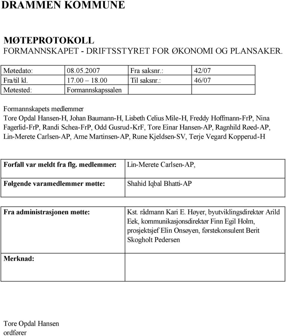 Einar Hansen-AP, Ragnhild Røed-AP, Lin-Merete Carlsen-AP, Arne Martinsen-AP, Rune Kjeldsen-SV, Terje Vegard Kopperud-H Forfall var meldt fra flg.