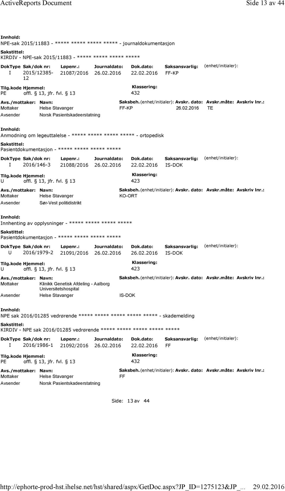 2016 FF-KP PE offl. 13, jfr. fvl. 13 432 Norsk Pasientskadeerstatning Saksbeh. Avskr. dato: Avskr.måte: Avskriv lnr.