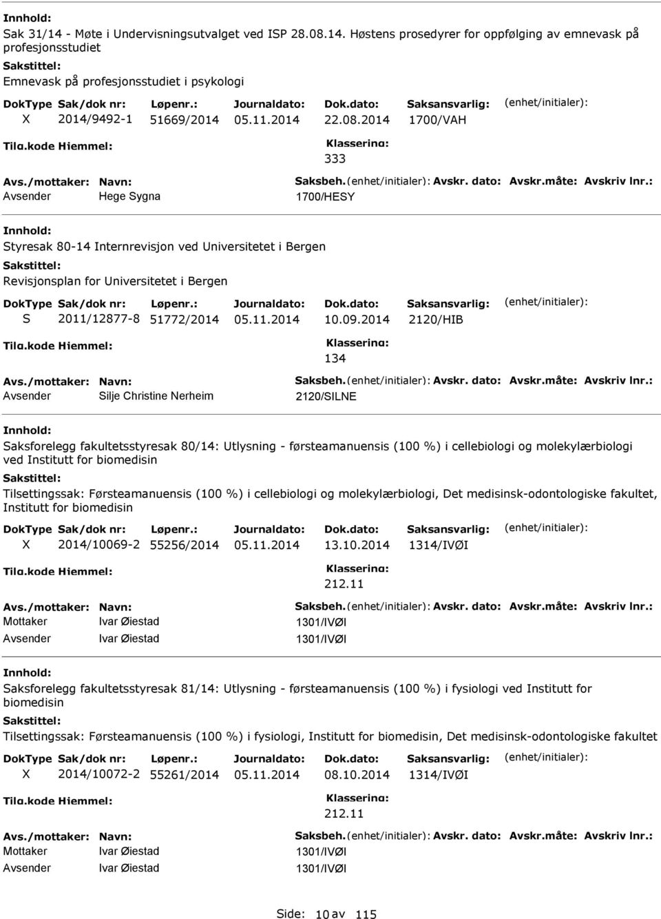 : Hege Sygna 1700/HESY Styresak 80-14 nternrevisjon ved niversitetet i Bergen Revisjonsplan for niversitetet i Bergen S 2011/12877-8 51772/2014 10.09.2014 2120/HB 134 Avs.