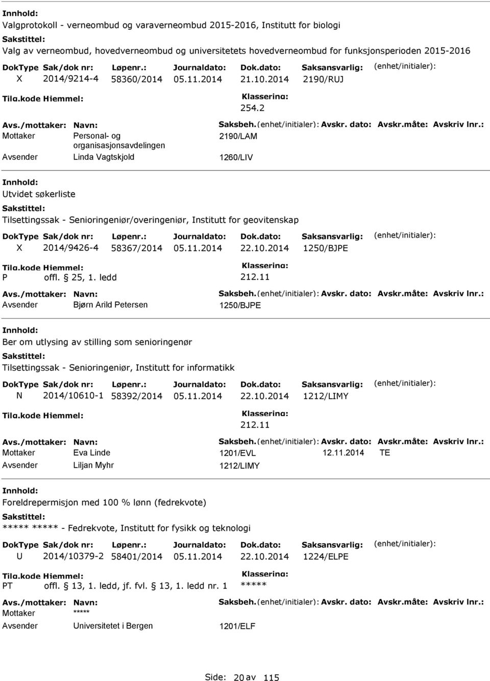 : ersonal- og 2190/LAM organisasjonsavdelingen Linda Vagtskjold 1260/LV tvidet søkerliste Tilsettingssak - Senioringeniør/overingeniør, nstitutt for geovitenskap 2014/9426-4 58367/2014 22.10.