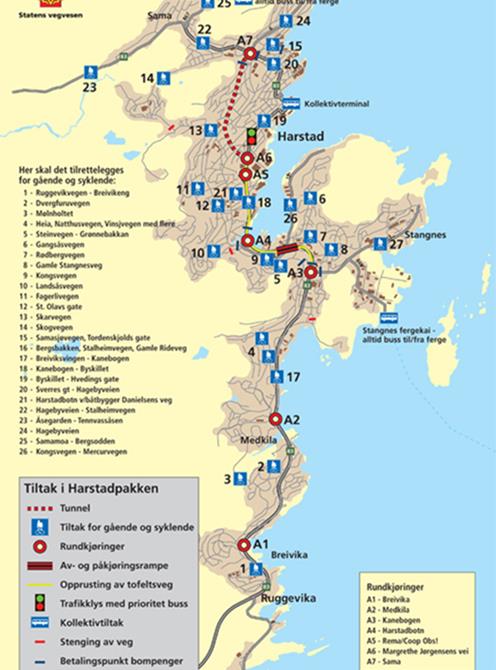 Igangsatte prosjekter Harstadpakken (Troms) Tiltaksområde Overslag Tunnel utenom Harstad sentrum 415 Tiltak langs rv.