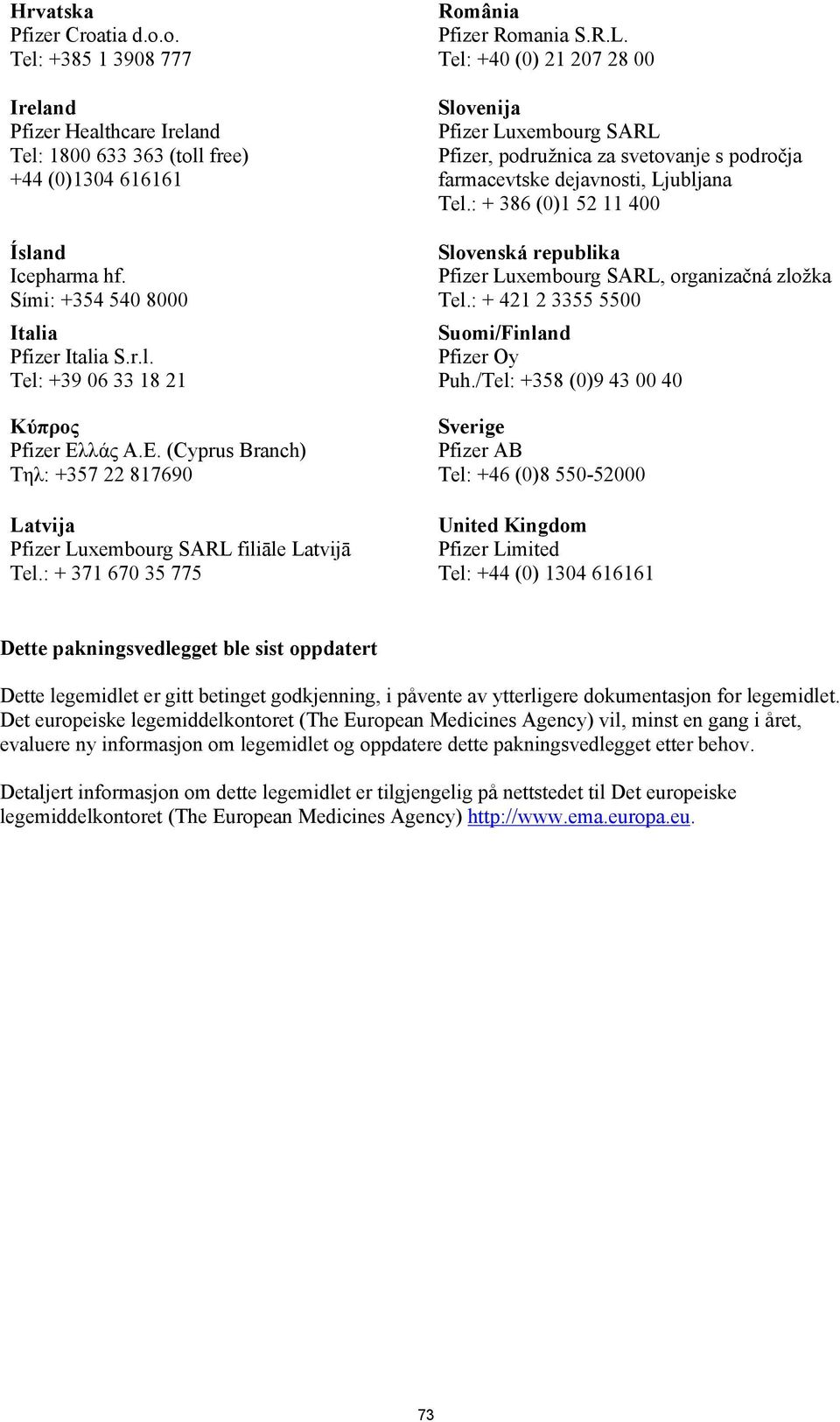 tvija Pfizer Luxembourg SARL filiāle Latvijā Tel.: + 371 670 35 775 România Pfizer Romania S.R.L. Tel: +40 (0) 21 207 28 00 Slovenija Pfizer Luxembourg SARL Pfizer, podružnica za svetovanje s področja farmacevtske dejavnosti, Ljubljana Tel.