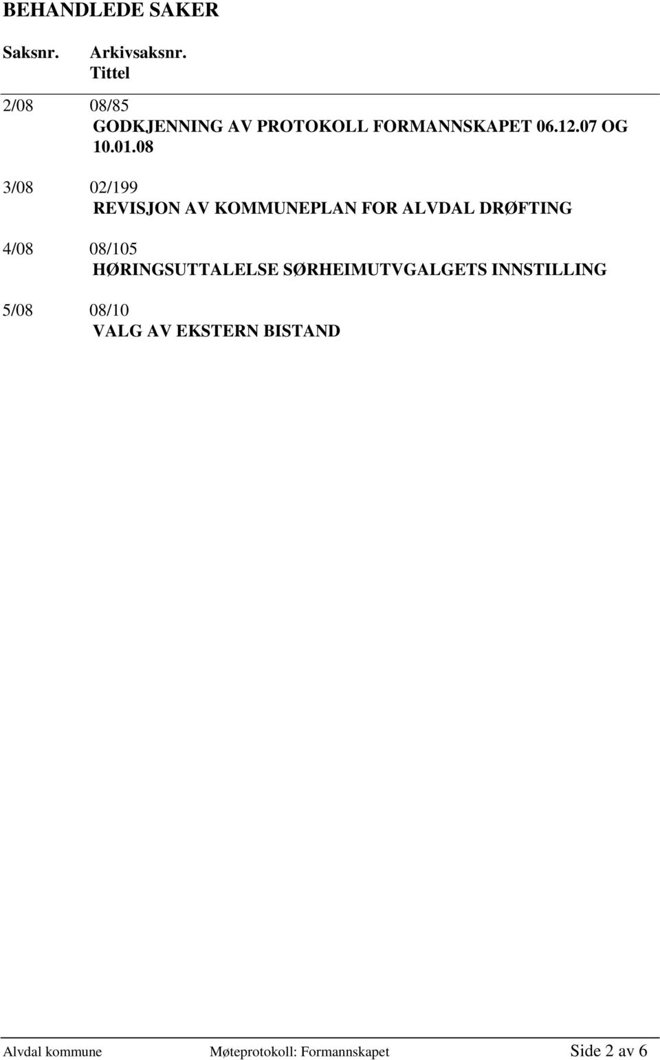 08 3/08 02/199 REVISJON AV KOMMUNEPLAN FOR ALVDAL DRØFTING 4/08 08/105