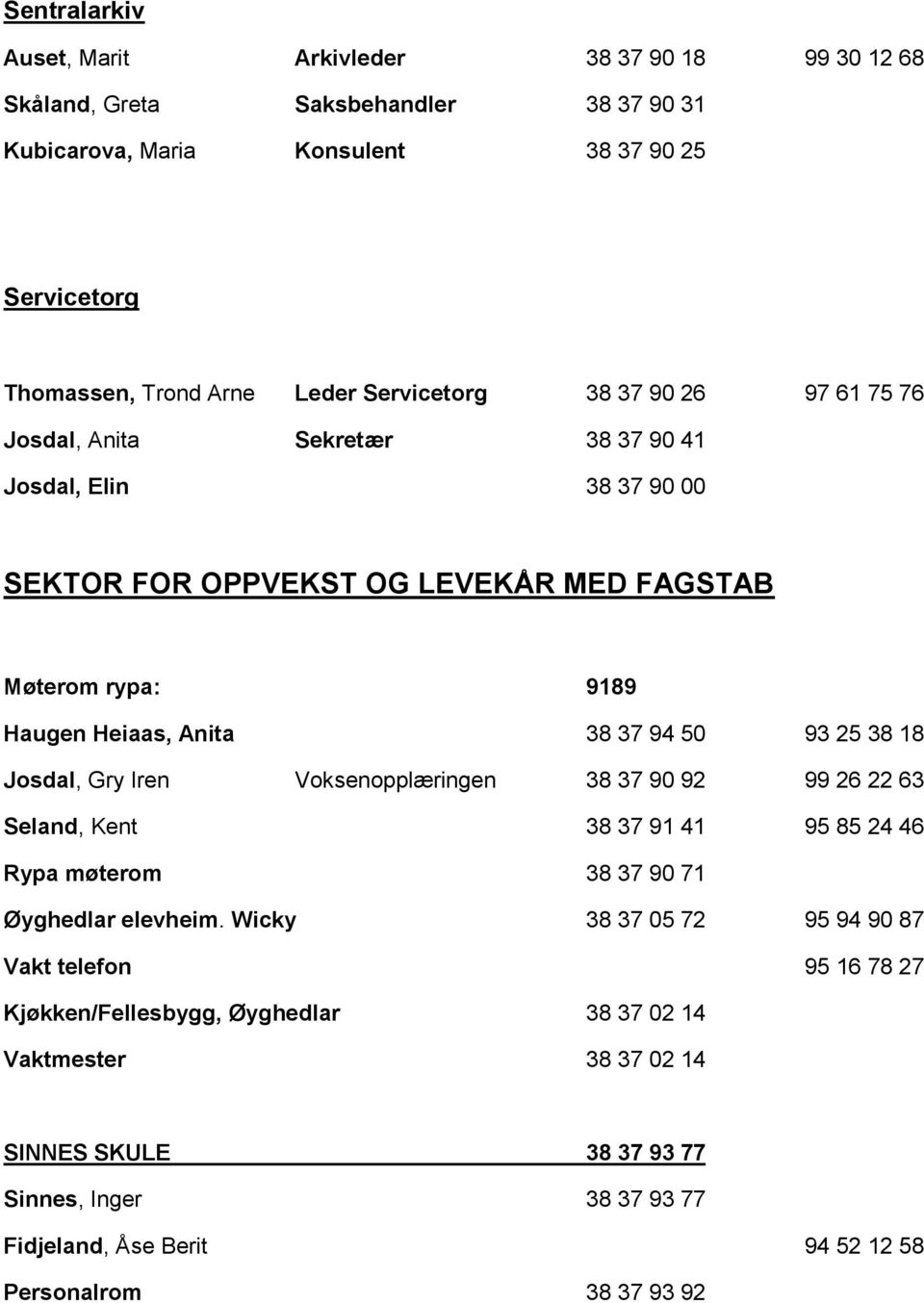 50 93 25 38 18 Josdal, Gry Iren Voksenopplæringen 38 37 90 92 99 26 22 63 Seland, Kent 38 37 91 41 95 85 24 46 Rypa møterom 38 37 90 71 Øyghedlar elevheim.