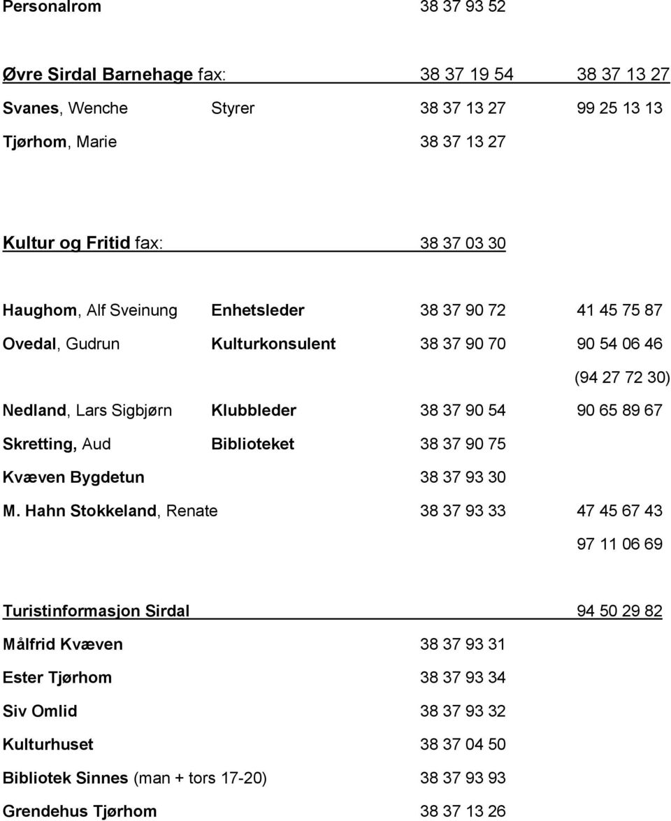 54 90 65 89 67 Skretting, Aud Biblioteket 38 37 90 75 Kvæven Bygdetun 38 37 93 30 M.