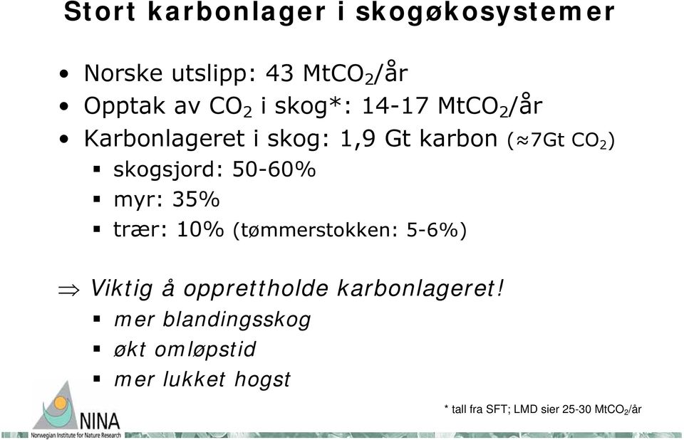 50-60% myr: 35% trær: 10% (tømmerstokken: 5-6%) Viktig å opprettholde karbonlageret!