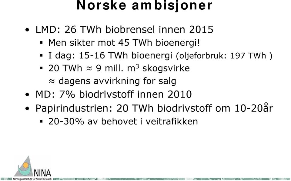 m 3 skogsvirke dagens avvirkning for salg MD: 7% biodrivstoff innen 2010