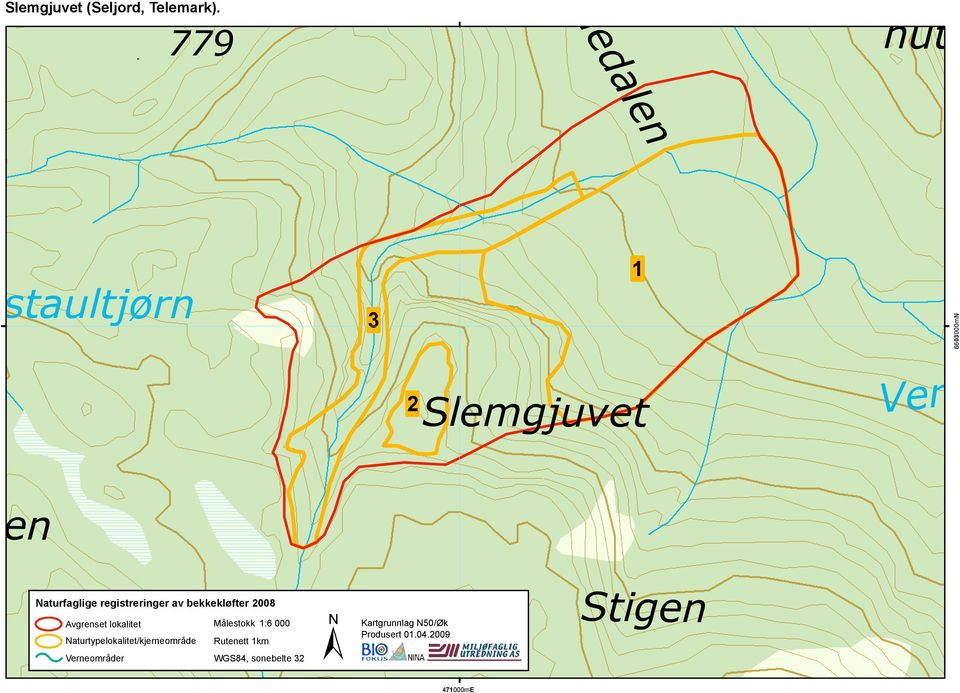 registreringer av bekkekløfter 2008 Avgrenset lokalitet Målestokk 1:6 000