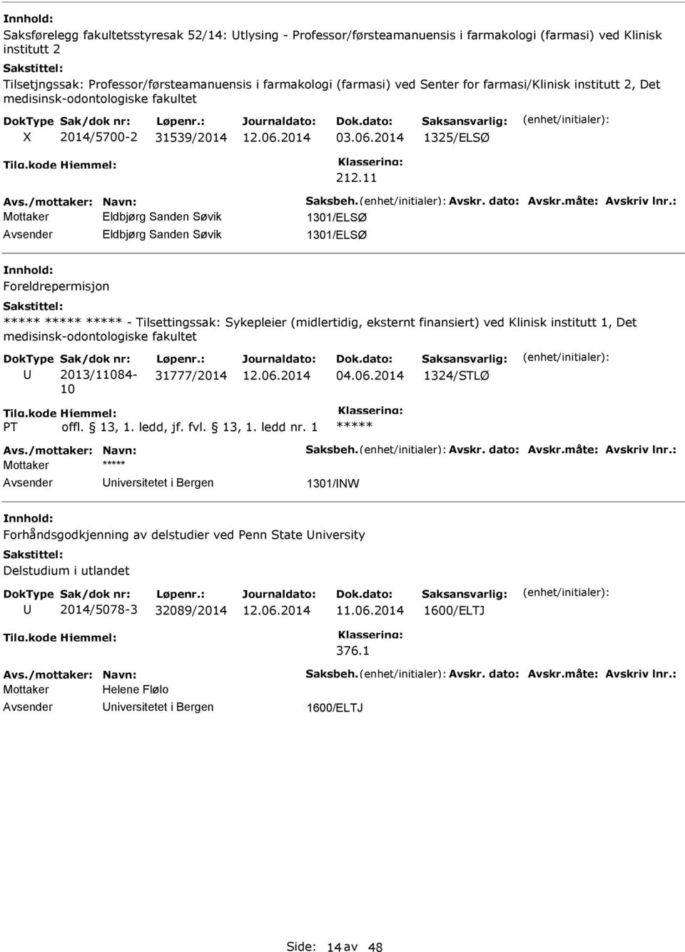 11 Mottaker Eldbjørg Sanden Søvik 1301/ELSØ Eldbjørg Sanden Søvik 1301/ELSØ Foreldrepermisjon - Tilsettingssak: Sykepleier (midlertidig, eksternt finansiert) ved Klinisk institutt 1, Det