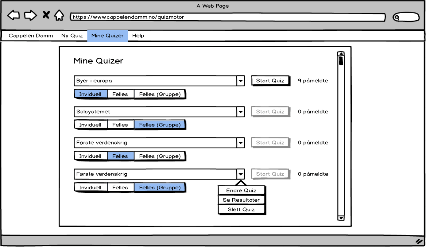 1.3 Skisse på brukergrensesnittet for hvordan det er å ta en quiz 2 ADMINDEL 2.